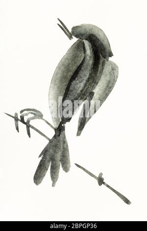 Ausbildung Zeichnung in Sumi-e (suibokuga) Stil mit Wasserfarben - Vogel auf Zweig ist die Hand, die auf cremigem Papier gezeichnet Stockfoto