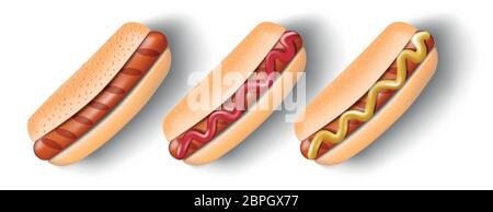 Gegrillter Hot Dog mit Senf und Ketchup auf weiß isoliert. Hot Dog für Poster, Menü oder Broschüre. Ungesunde Fast-Food-Konzept. vektor-Illustration Stock Vektor