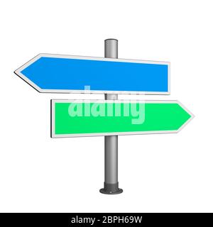 Blaue und grüne Pfeile Verkehrsschild isoliert auf weißem Hintergrund, 3D-Darstellung Stockfoto