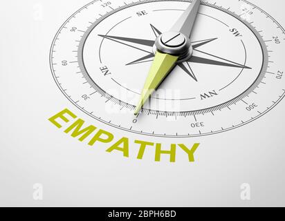 Magnetischer Kompass mit Nadel nach Gelb Empathie Wort auf weißem Hintergrund 3D Illustration Stockfoto