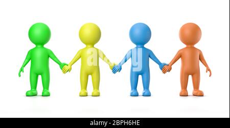 Vier mehrfarbige Menschliche 3D-Figuren halten sich an den Händen Abbildung auf weißem Hintergrund