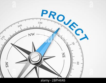 Magnetischer Kompass mit Nadel nach Blue Projekt Wort auf weißem Hintergrund 3D Illustration Stockfoto