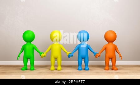 Vier mehrfarbige Menschliche 3D-Figuren, Hände auf Holzboden in einer grauen Wand Zimmer 3D-Rendering
