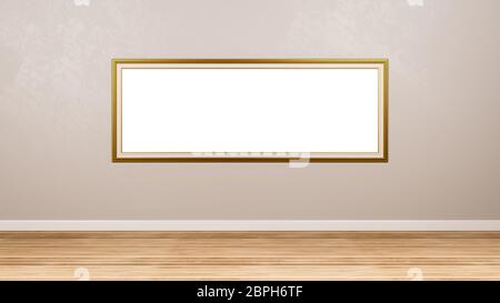 Klassische rechteckige Panorama Leere goldene Bilderrahmen an der Wand im Raum mit Copyspace 3D-Rendering Stockfoto