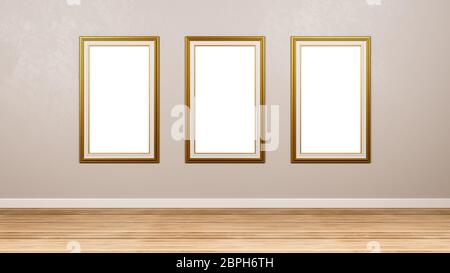 Triptychon von klassischen rechteckigen leeren goldenen Bilderrahmen an der Wand im Raum 3D-Rendering Stockfoto