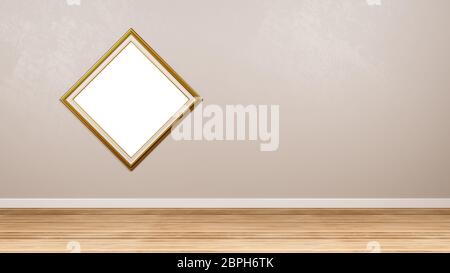 Klassische Rhombus leeren goldenen Bilderrahmen an der Wand im Raum mit Copyspace 3D-Rendering Stockfoto