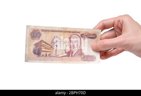 Porträt des türkischen Schriftstellers und Dichters Mehmet Akif Ersoy auf 100 Türkische Lira Banknote. Alte berühmte alte alte Papierbanknote für Sammlung. Stockfoto