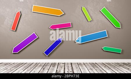 Bunte leer Richtungspfeile im Zimmer gegen graue Wand 3D-Darstellung Stockfoto