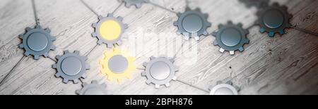Zahnräder Verbindung Konzept. Panoramablick auf die 3D-Rendering Stockfoto