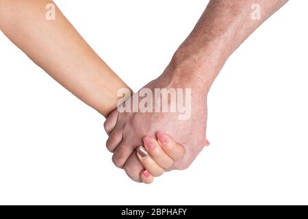 Hände isoliert auf Weiss. Hand des Menschen sanft hält womans Hand auf einem weißen Hintergrund. Nahaufnahme. Stockfoto