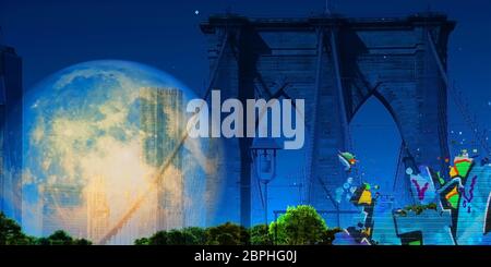 Surreale digitaler Kunst Brooklyn Bridge auf der New Yorker Stadtbild. Riesige Mond. Stockfoto