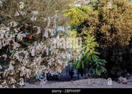 Ein gut aussehender Wunschbaum, der den Gipfel des Berges in sirince mit tollen Farben platziert hat. Foto hat in izmir/türkei gemacht. Stockfoto