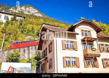 Pilatus die steilste Zahnradbahn der Welt ab Bahnhof in Alpnachstad Dorf, touristische Destination in der Schweiz Stockfoto