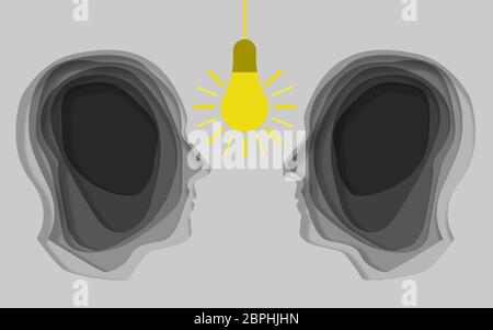 Menschlicher Kopf mit Lampe-Symbol Ausschnitt Papierkunst, 3D-Rendering Stockfoto