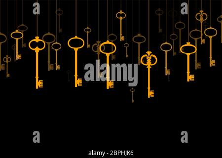 Geheime Schlüssel, viele goldene Schlüssel hängen auf schwarzem Hintergrund. Stock Vektor
