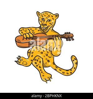 Cartoon Stil Abbildung eines glücklichen Jaguar oder Leopard spielen eine akustische Gitarre im Sitzen oder Sitzen erfolgt in voller Farbe auf isolierten b Stockfoto