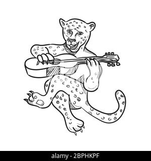 Cartoon Stil Abbildung eines glücklichen Leopard spielen eine akustische Gitarre, während Sie sitzen, in Schwarz und Weiß auf isolierten weißen Hintergrund. Stockfoto