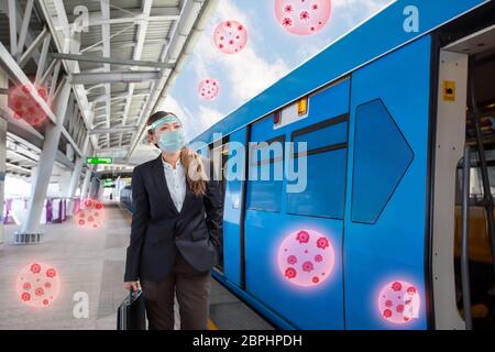 Junge asiatische Geschäftsfrau trägt Gesichtsmaske und Gesichtsschild warten auf den Zug, um am Skytrain-Bahnhof ankommen. Neuer Normalwert nach Coronavirus (COVID- Stockfoto