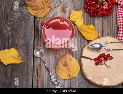 Transparente Tasse mit heißem Tee aus viburnum frische Beeren Beeren auf einem grauen Holz- Tabelle, Ansicht von oben Stockfoto