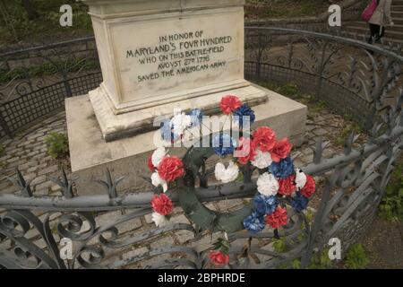 Denkmal für die 'Maryland Four Hundred' Miliz, die während der amerikanischen Revolution auf einem Schlachtfeld kämpfte und starb, das sich jetzt im Prospect Park, Brooklyn, New York befindet. Stockfoto