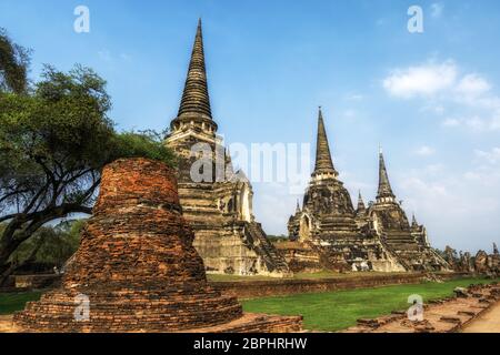 Wat Phra Si Sanphet Buddhistische Tempellandschaft in Ayutthaya, Thailand. Die Ansicht von drei Haupt-Chedis. Stockfoto