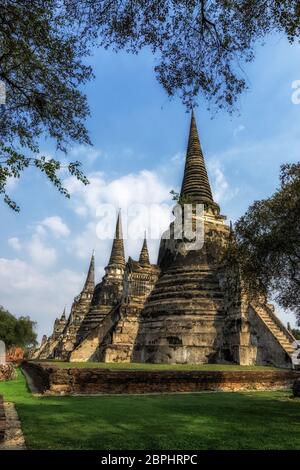 Wat Phra Si Sanphet Buddhistische Tempellandschaft in Ayutthaya, Thailand. Die Ansicht von drei Haupt-Chedis. Stockfoto