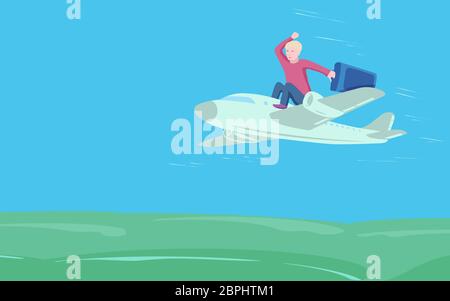 Junger Mann mit Koffer sitzen auf dem Flugzeug. Business Travel und Transportkonzept. Stock Vektor