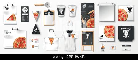 Mockup-Set für Pizzeria, Café oder Restaurant. Realistische Branding-Set von Pizzeria Flyer, Uniform, Pizza-Box, Menü, Karton-Paket. Pizza-Modell Stock Vektor