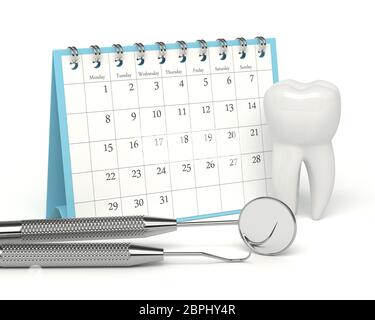 3d-Rendering von Zahn-, Kalender- und zahnmedizinischen Diagnosegeräten auf weißem Hintergrund Stockfoto