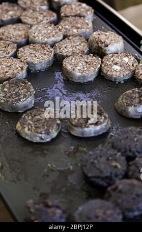 Scheiben von gegrillten Bratwurst, Wurst aus Schweinefleisch detail Stockfoto