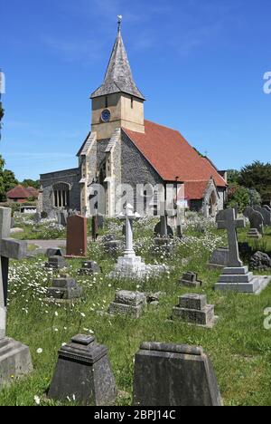 All Saints Church, Sanderstead, South Croydon, Surrey, Großbritannien. Traditionelles Feuersteinkirchliches Gebäude aus dem Jahr 1230 Stockfoto