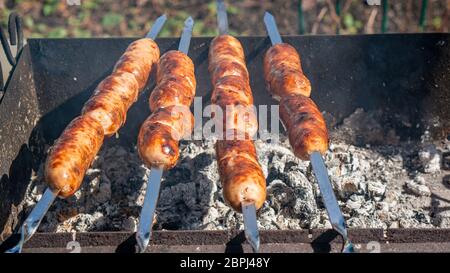 Würstchen werden auf Spiessen über Kohlen auf dem Grill gebraten. Essen für ein Picknick vorbereiten. Stockfoto