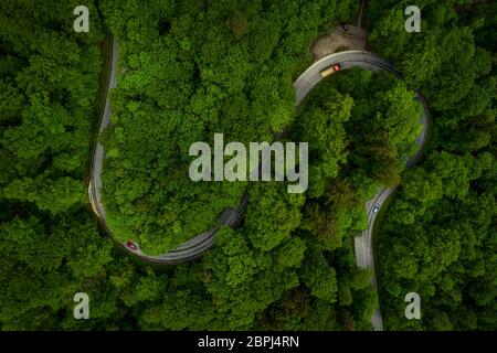 Wunderbare grünen Wald mit einer kurvigen Straße und Autos aus der Dron-Ansicht geschossen, Antenne einer s Kurve Hintergrund, die Spaß am Fahren impliziert oder nehmen Stockfoto