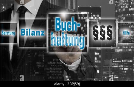 Buchhaltung (in deutsch Buchhaltung, Hilfe, Bilanz, Beratung) Konzept wird durch Unternehmer gezeigt. Stockfoto