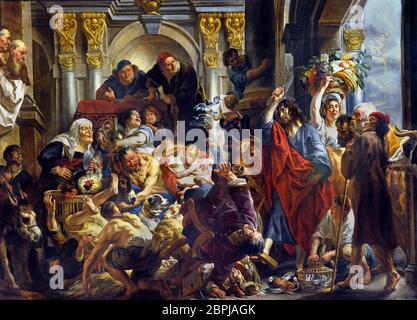 Jesus treibt die Händler aus dem Tempel von Jacob JORDAENS (Antwerpen, 1593 - Antwerpen, 1678) ( der Tumult im Neuen Testament beschrieben Jesus tritt in den Tempel und, mit einer Peitsche, vertreibt alle Händler verschmutzen seine Heiligkeit mit ihrem Grundhandel. ) Stockfoto