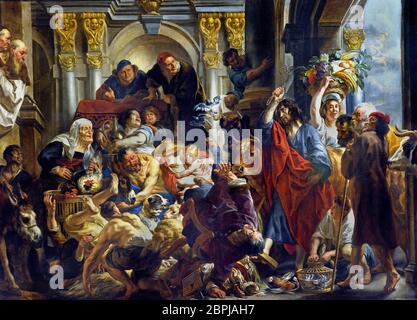 Jesus treibt die Händler aus dem Tempel von Jacob JORDAENS (Antwerpen, 1593 - Antwerpen, 1678) ( der Tumult im Neuen Testament beschrieben Jesus tritt in den Tempel und, mit einer Peitsche, vertreibt alle Händler verschmutzen seine Heiligkeit mit ihrem Grundhandel. ) Stockfoto