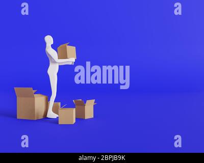 Menschliche Figur Carring Karton Moving Boxen mit einem blauen Hintergrund minimalistischen Konzept - 3d-Rendering Stockfoto