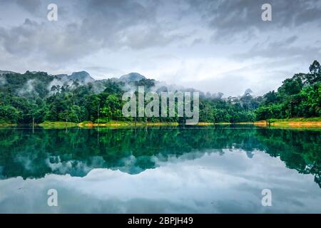 Misty Morning auf Cheow Lan Lake in Khao Sok Nationalpark, Thailand Stockfoto