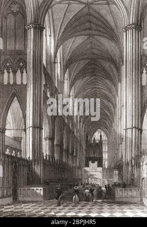 Innenansicht der Westminster Abbey, City of Westminster, London, England, 19. Jahrhundert. Aus der Geschichte Londons: Illustriert durch Ansichten in London und Westminster, erschienen um 1838. Stockfoto