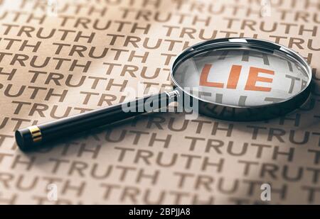 3D-Darstellung einer Lupe mit Fokus auf das Wort Lüge über Kraftpapier Hintergrund, Privatermittler Konzept. Stockfoto