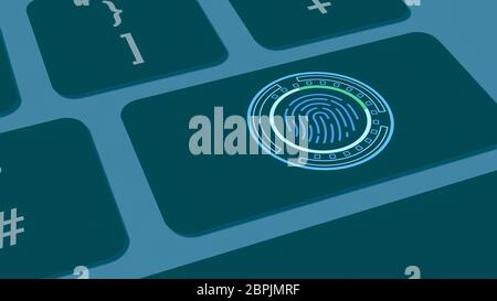 Nahaufnahme eines futuristischen Computer Tastatur mit Fingerprint Scanner auf einen Schlüssel (3D-Render) Stockfoto