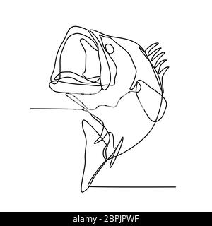 Durchgehende Linie Abbildung: largemouth Bass, Süßwasser gamefish, ist eine Pflanzenart aus der Gattung der schwarzen Bass in Nordamerika heimisch, springen Geschehen in Schwarz Stockfoto