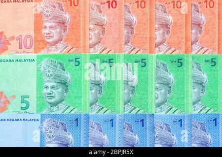 Malaysia Währung der malaysischen Ringgit Banknoten Hintergrund. Papiergeld von einem, fünf und zehn Ringgit-Noten. Finanzkonzept. Stockfoto