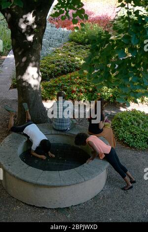 Besucher am Brunnen in Gärten l'Espace Van Gogh Kulturzentrum.das ehemalige Krankenhaus von Arles.Bouches-du-Rhone.Provence-Alpes-Cote d'Azur.Frankreich Stockfoto