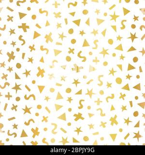 Geometrische Goldfolie Formen nahtlose Vektor-Muster. Dreiecke, Punkte, Sterne und Kreise mit einer goldenen Metallic-Struktur auf weißem Hintergrund. Geometrisch Stock Vektor
