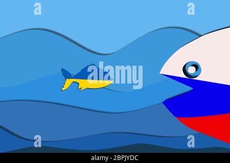 Ein kleiner Fisch in der Farbe der Flagge der Ukraine fällt in die Mündung eines großen Raubfischen, Konflikt mit Russland Stockfoto