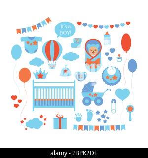 Baby Dusche Junge Symbol Vektor-Set isoliert auf weißem Hintergrund. Neugeborenes Zeichen Ballon, Rassel, Kinderwagen, Krippe, Lätzchen, Hut, Booties, Pin, Körper, Baby in einer decke Stock Vektor