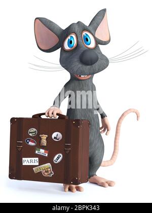 3D-Rendering von einem netten cartoon Maus mit einem Reisekoffer und lächelnd. Er scheint bereit zu reisen. Weißer Hintergrund. Stockfoto