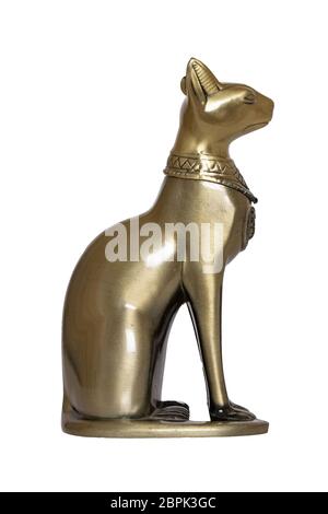 Ägyptische Katze Dekoration Hintergrund. Statuette einer mythologischen ägyptischen Katze auf weißem Hintergrund isoliert. Stockfoto