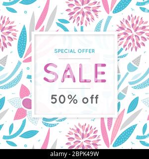 Verkauf. Blumenmuster. Handgezeichnete Blumen. Rabatt. Einkaufen. Handel. Farbenfroher Hintergrund mit Blüte. Abstraktes Kraut. Frühling. Flyer, Werbung Stockfoto